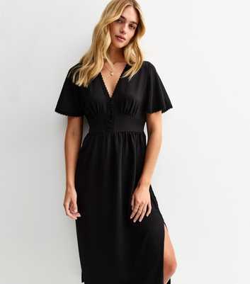 Black Lace Trim Button Through Midi Dress