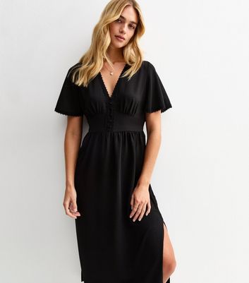 Black Lace Trim Button Through Midi Dress