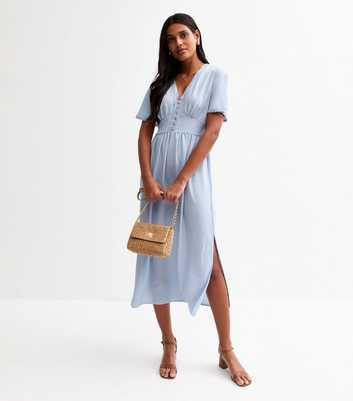 Light Blue Lace Trim Button Through Midi Dress