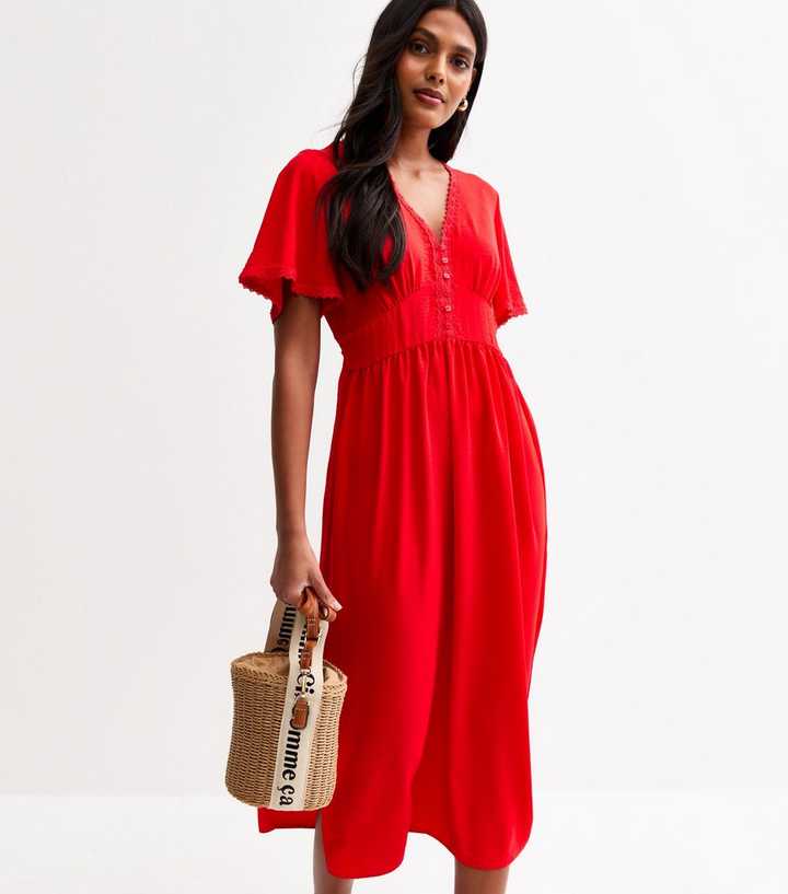 Bright Red Lace Trim Button Through Midi Dress