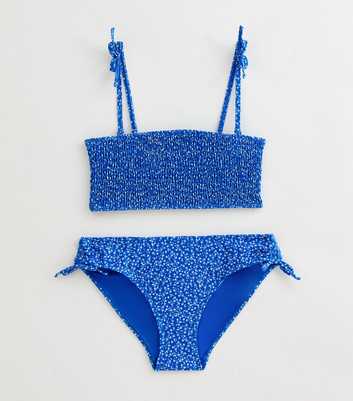 Girls Blue Floral Print Shirred Bikini Set