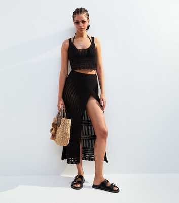 Black Pointelle Wrap Style Beach Skirt