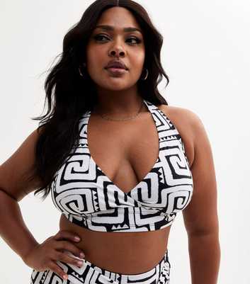 Curves Black Swirl Print Halterneck Bikini Top