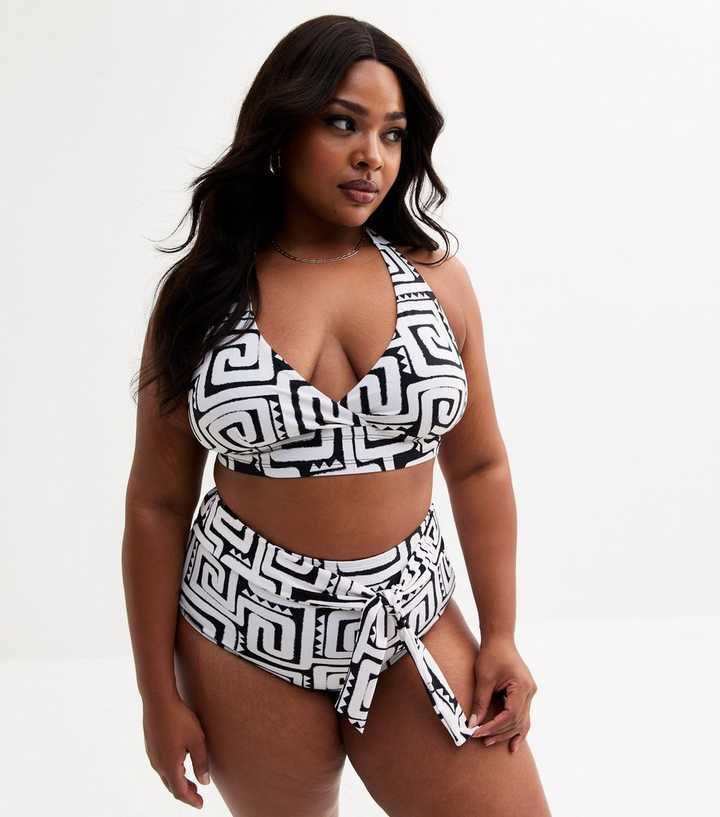 Curves Black Swirl Print Tie High Waisted Bikini Bottoms