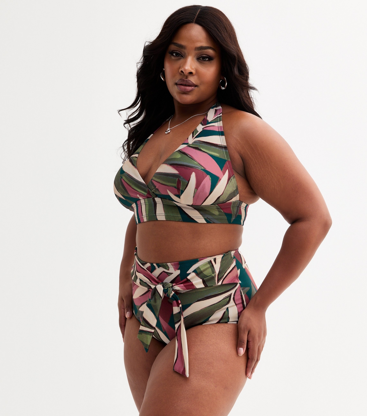Women's Plus Size Green Leaf Print High Waisted Bikini Bottoms Curves New Look