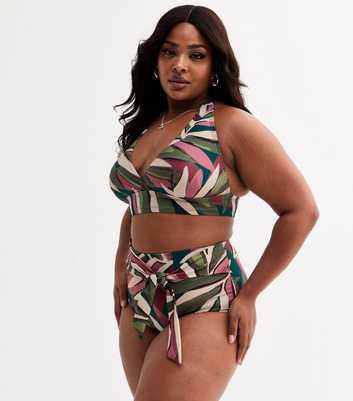 Curves Green Leaf Print High Waisted Bikini Bottoms