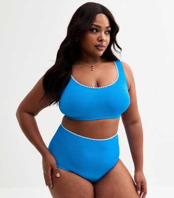 Curves Bright Blue Blanket Stitch Trim High Waisted Bikini Bottoms