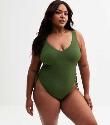 Curves Khaki Textured Ruched Side Swimsuit