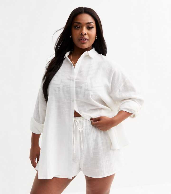 Curves White Slubbed Long Sleeve Shirt