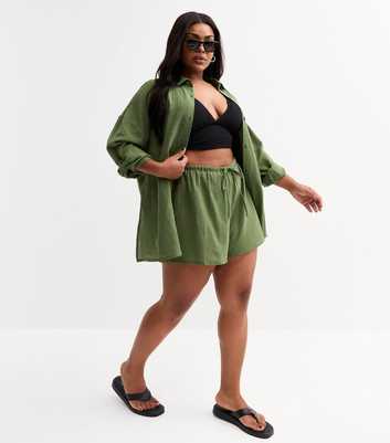 Curves Khaki Drawstring Waist Slubbed Shorts