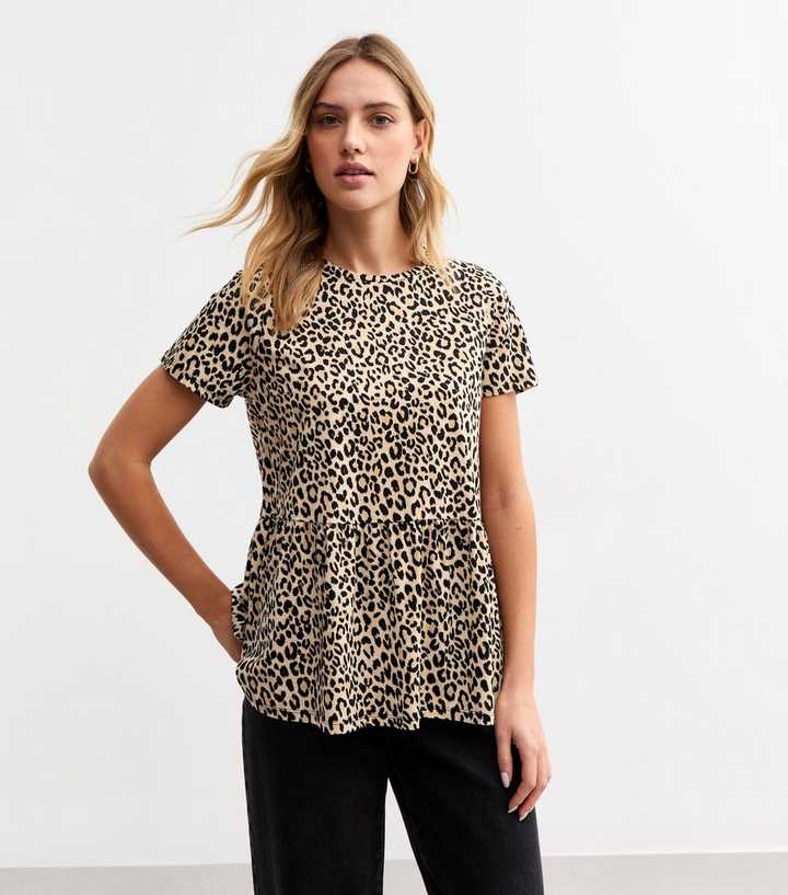 Brown Leopard Print Jersey Peplum Hem T-Shirt