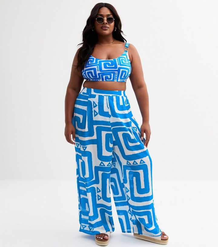 Curves Blue Swirl Print Trousers