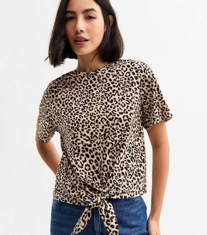 Brown Leopard Print Tie Front Top