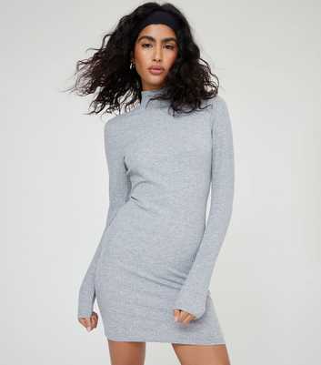 WKNDGIRL Grey Ribbed Long Sleeve Mini Dress