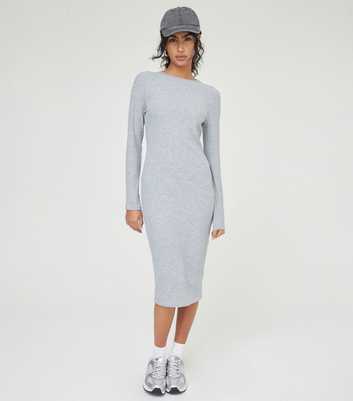 WKNDGIRL Grey Ribbed Long Sleeve Midi Dress