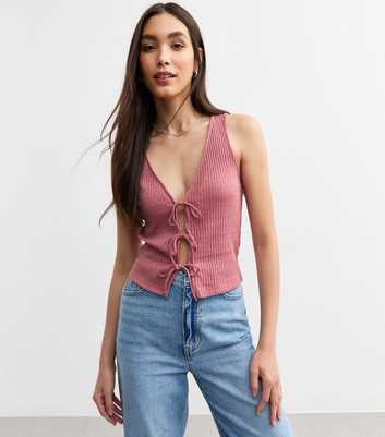 Pink Ribbed Pointelle Effect Tie Front Vest