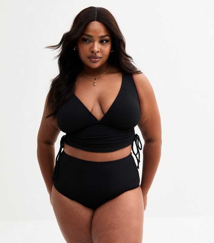 Curves Black Textured Jersey High Waisted Bikini Bottoms