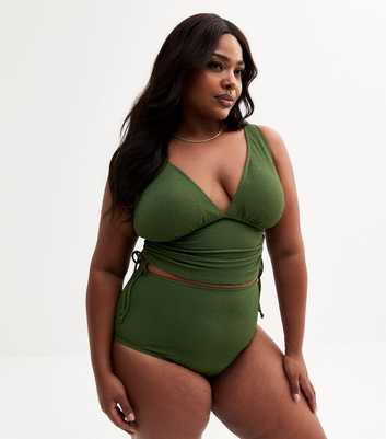 Curves Khaki Textured Jersey High Waisted Bikini Bottoms
