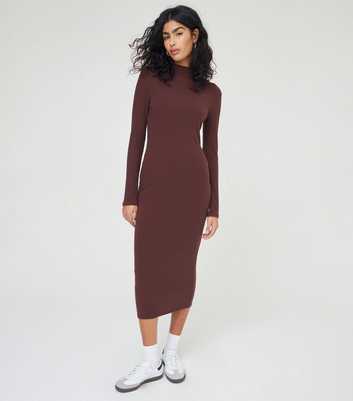 WKNDGIRL Brown Ribbed Long Sleeve Midi Dress