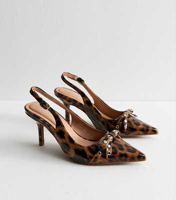 Stone Leopard Print Bow Detail Slingback Court shoes