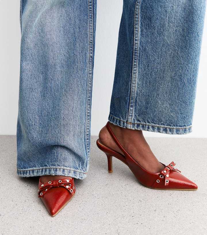 Bright Red Studded Bow Detail Slingback Court shoes
