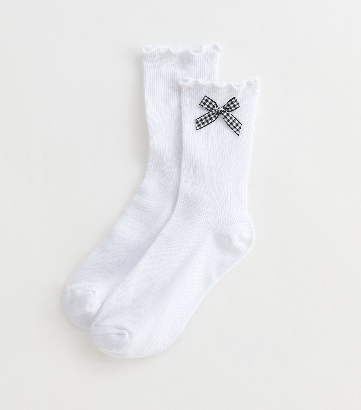 White Frill Trim Gingham Bow Ankle Socks School New Look