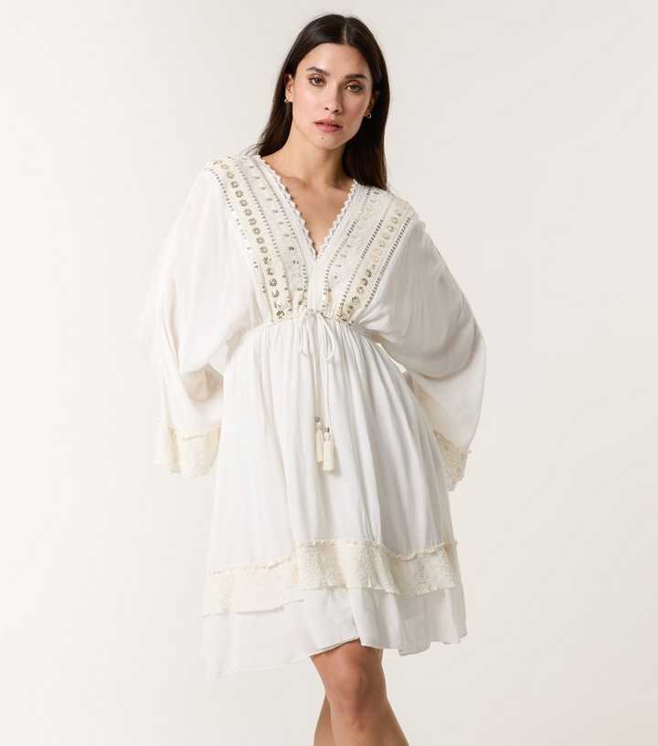 Blue Vanilla White Kimono Sleeve Mini Dress