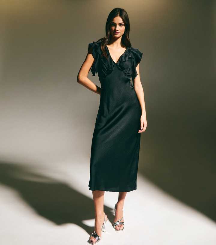knee length dresses for ladies Black Midi Dress – Elegant 3/4 Sleeve A-Line Dress with Asymmetrical Ruffle Hem & Tie Waist Black / 14 main image 1