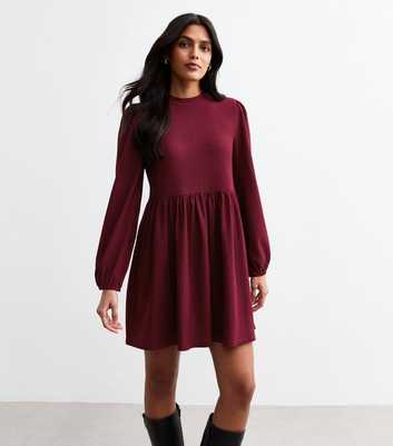 Burgundy Crinkle Effect Mini Smock Dress