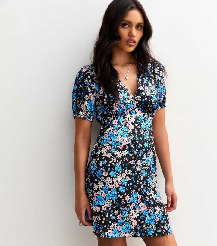 Black Satin Floral Print Mini Dress