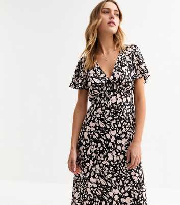 Black Printed Satin Midi Dress