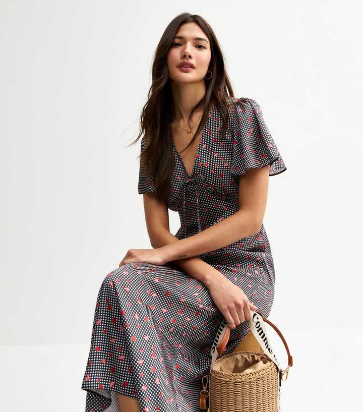 Black Check Strawberry Print Satin Midi Dress