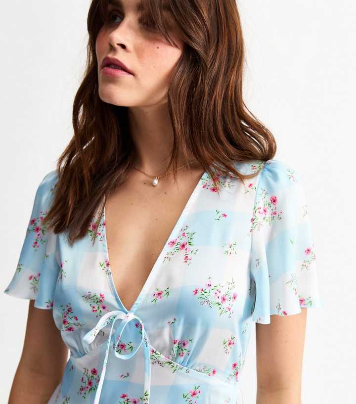 Blue Satin Gingham Floral Print Mini Dress