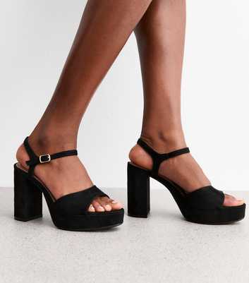 Black Faux Suede Block Heel Platform Sandals