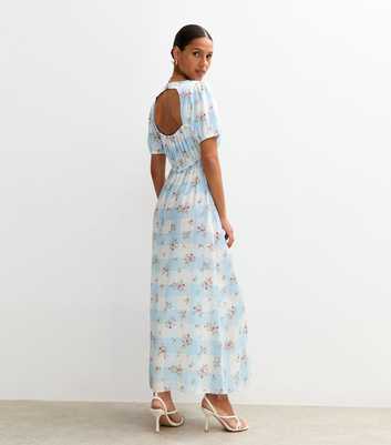 Blue Checked Floral Print Satin Midi Dress