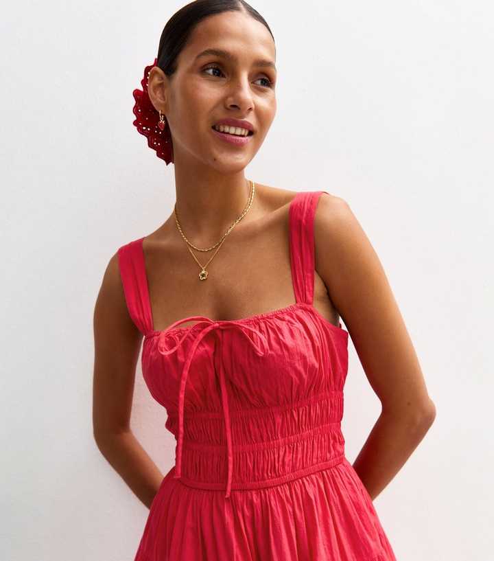Red Tie Detail Tiered Mini Dress