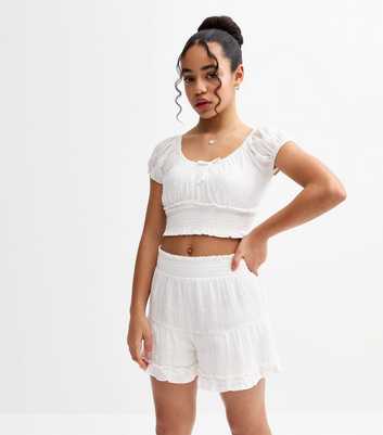 Girls White Frilly Trim Tiered Shorts