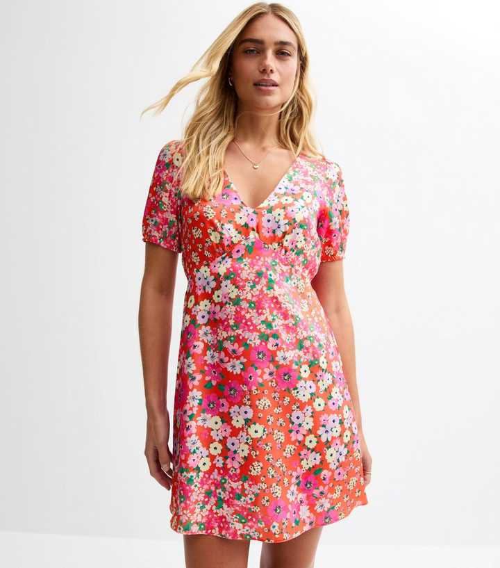 Pink Floral Print Satin Mini Dress
