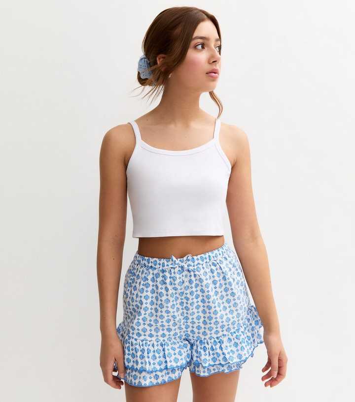 Girls Blue Patterned Frill Trim Shorts