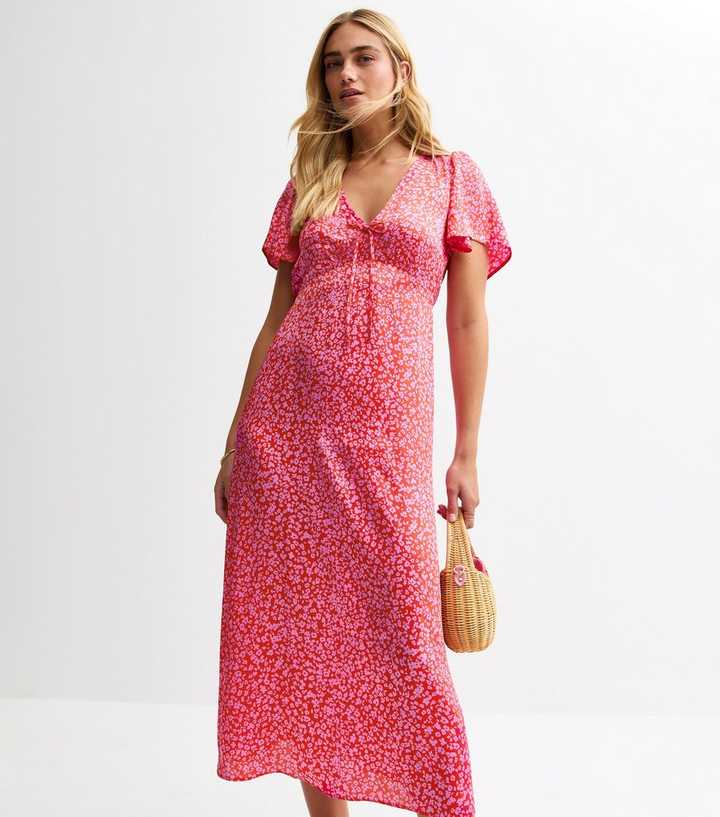 Pink Floral Print Tie Neck Satin Midi Dress