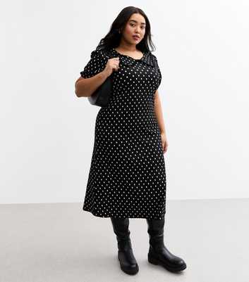 Curves Black Crinkle Texture Spotty Midi Dress