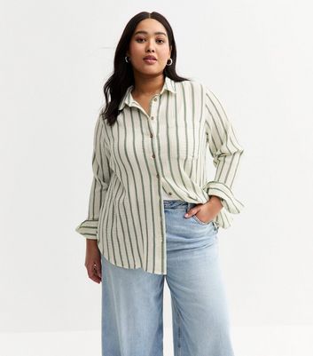 Green Stripe Crinkled Texture Cotton Shirt | New Look