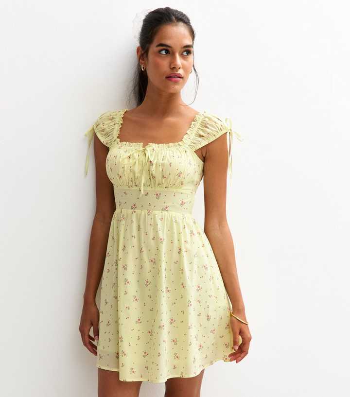 Yellow Floral Print Milkmaid Mini Dress