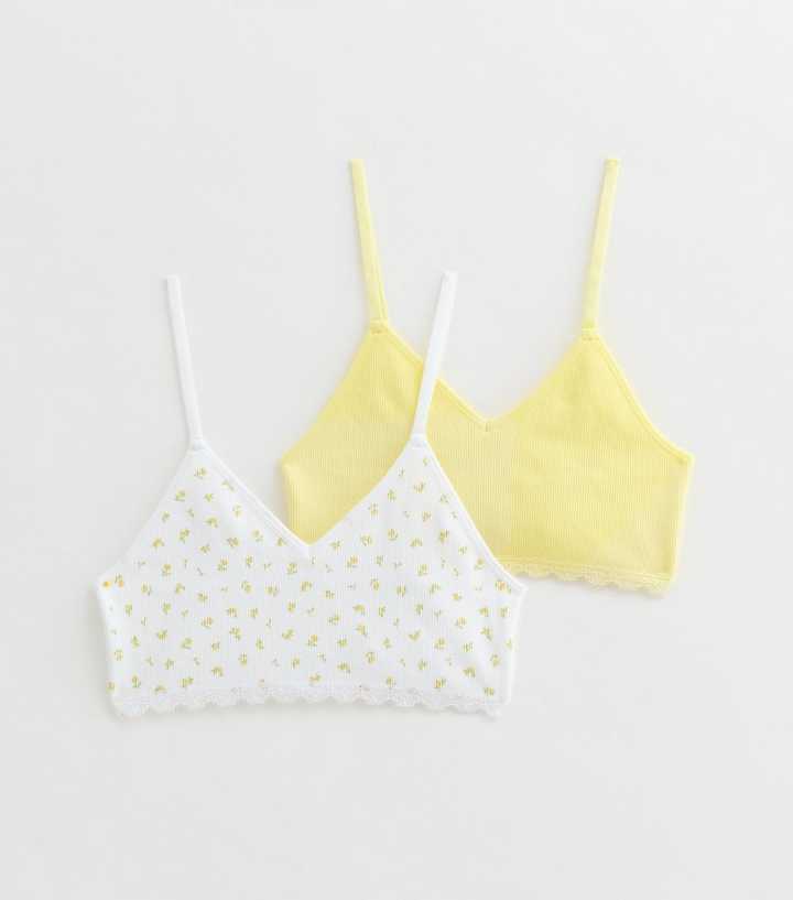 Girls Pack of 2 Yellow Ribbed Ditsy Print Lace Trim Crop Tops