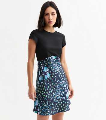 Black Floral Print Satin Skirt Dress