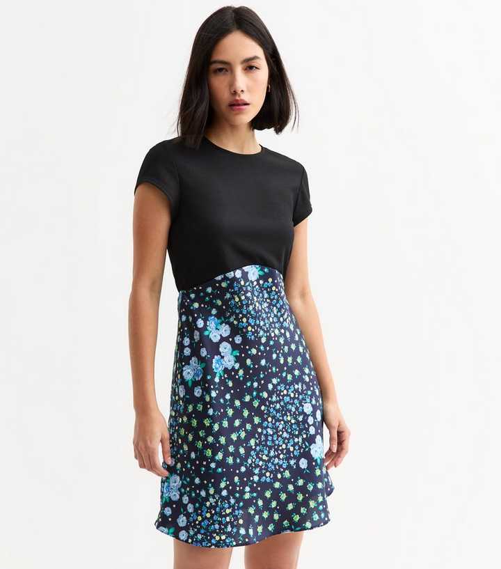 Black Floral Print Satin Skirt Dress