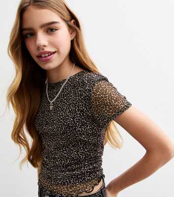 Girls Brown Leopard Print Mesh Ruched T-Shirt 