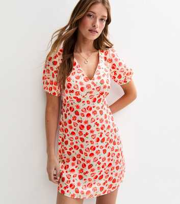 White Strawberry Print Tie Back Satin Mini Dress