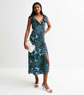 Black Rose Print Slit Hem Midi Dress