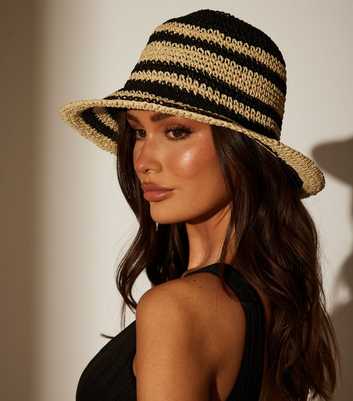 South Beach Black Striped Straw Bucket Hat